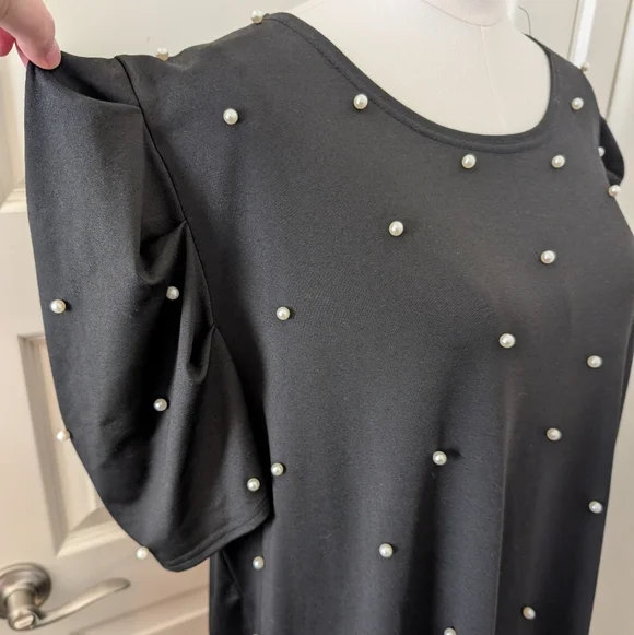 Black Puff Sleeve Dress with Beaded Pearl Accents - Picture 5 of 11